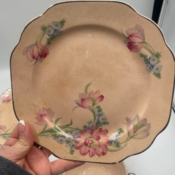 Vintage Quadro Crooksville Pink Floral Double-Handled Cup & Small Plate set of 2 - Picture 6 of 8